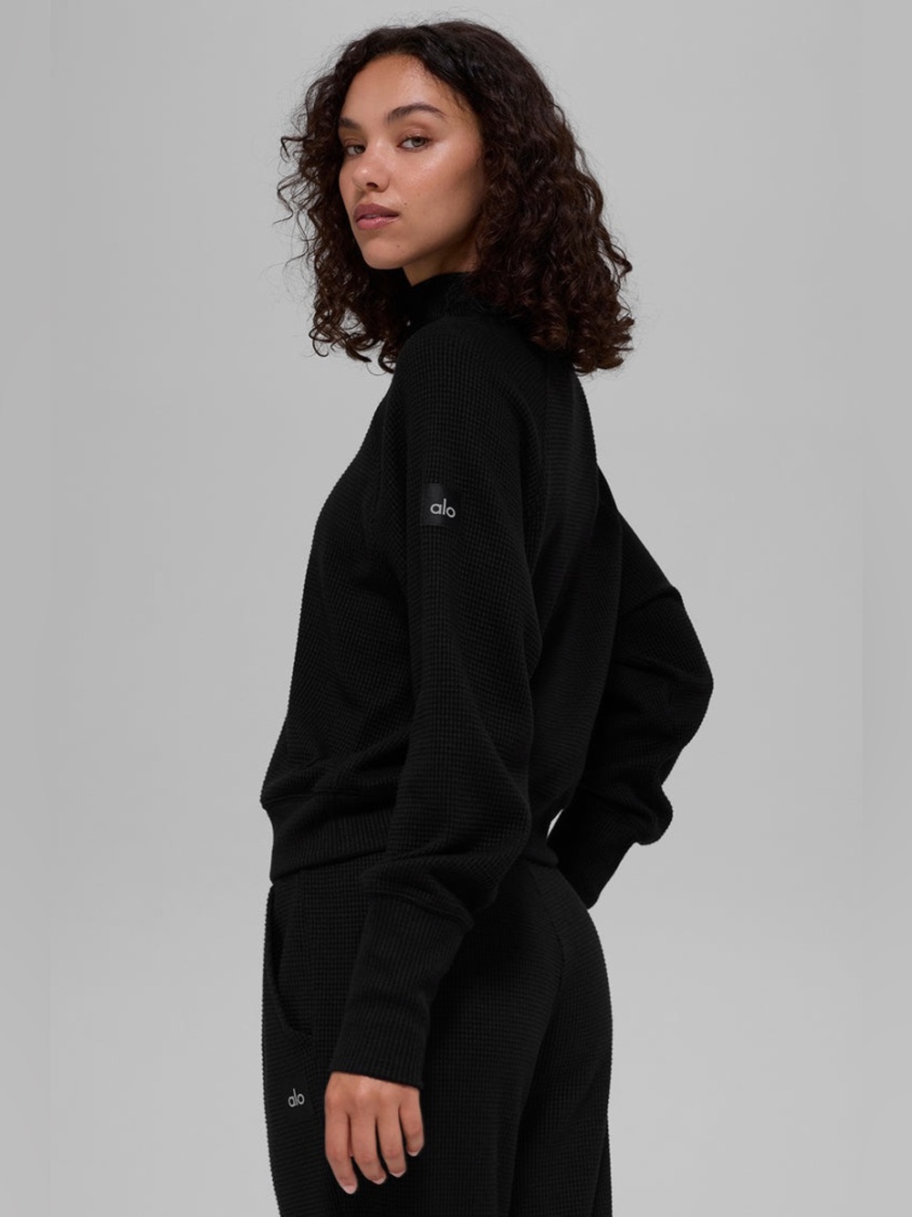 ALO Yoga Black Waffle Mock Neck Sweater